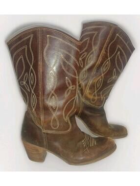 VTG 80s Rare Frye Women Brown Leather Western Cowboy Boots 10B Patina Distressed